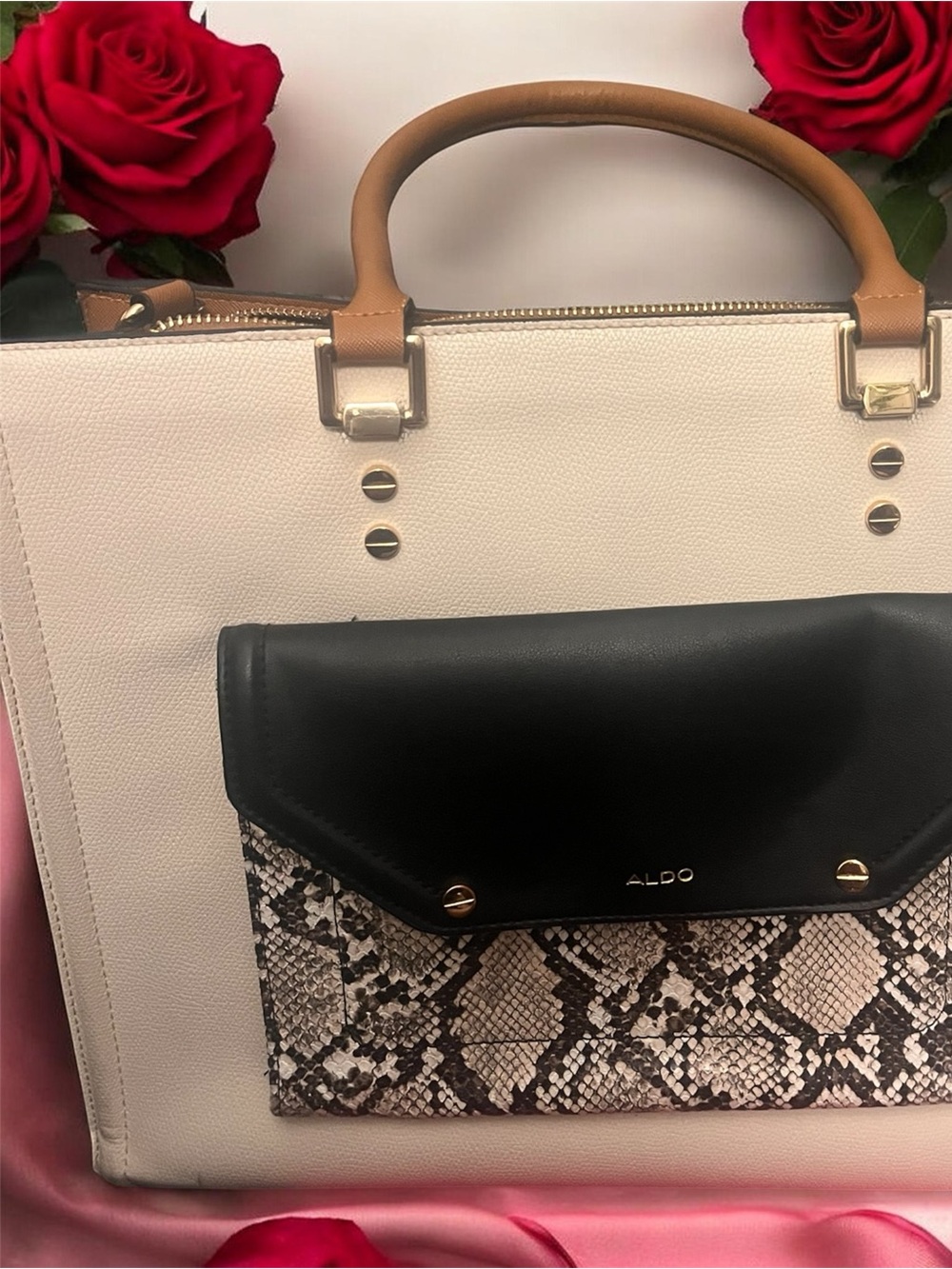 ALDO Colorblock Executive Tote Bag | Cream, Cognac & Black Faux Snakeskin Pocket